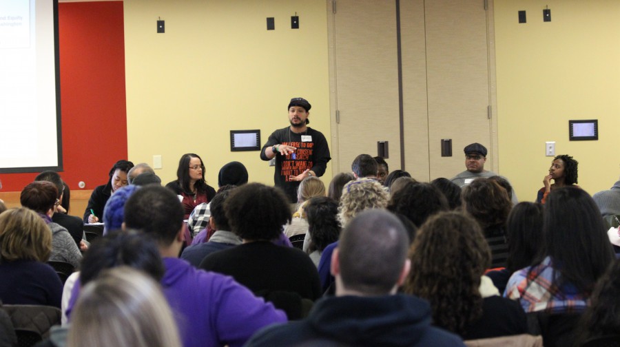 A speaker addresses a full room at the CCDE’s #BlackLivesMatter Teach-In