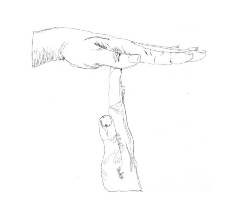 Line drawing by Meshell Sturgis of a hand balancing a small tree on one fingertip