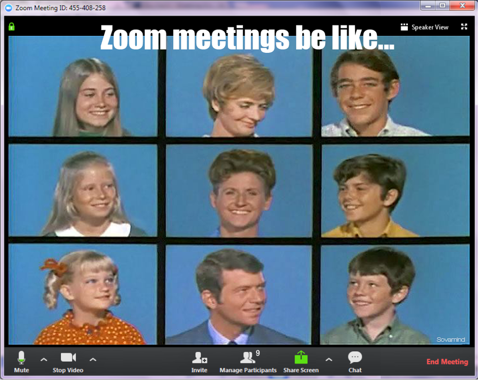 A grid of video-call faces captioned “Zoom meetings be like…”