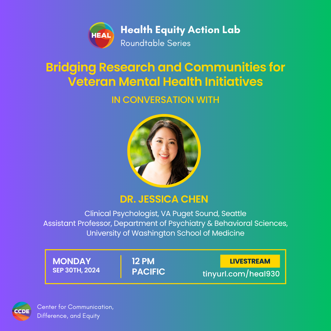 HEAL Roundtable Series graphic: Bridging Research and Communities for Veteran Mental Health Initiatives, in conversation with Dr. Jessica Chen